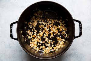 garlic and onion sautéed in olive oil in a soup pot