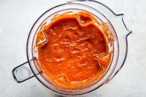 stock, roasted red peppers, fire roasted tomatoes, garlic, spices and onions blended in a blender for roasted red pepper soup