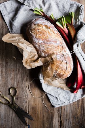 loaf of crusty bread and rhubarb