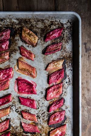 Roasted Rhubarb on a baking sheet