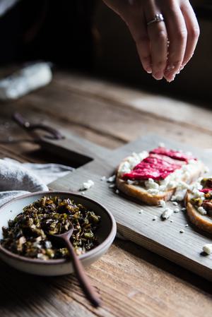 caramelized onions Roasted Rhubarb and Chevre Grilled Cheese sandwich