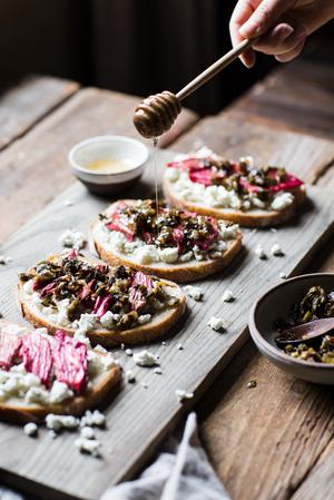 Roasted Rhubarb and Chevre Grilled Cheese with honey drizzle