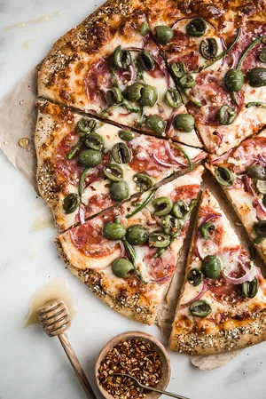 Salami, Jalapeño & Olive Pizza with Honey, jalapeños, red onions and everything bagel crust