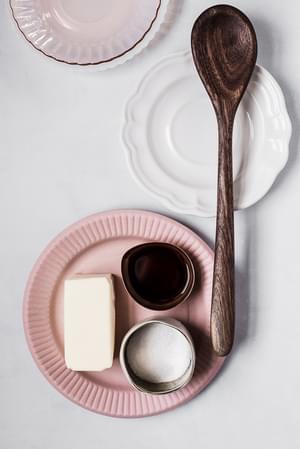 ingredients for Salty Dark and Milk Chocolate Skillet Cookie butter and vanilla