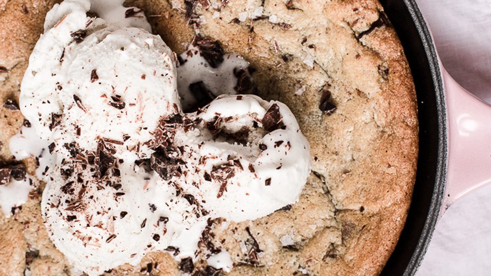 Salty Dark and Milk Chocolate Skillet Cookie