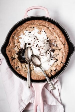 Salty Dark and Milk Chocolate Skillet Cookie