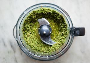 Peas, Pistachios, Parmesan, mint, basil, Cilantro, carrot tops, radish stems, Garlic, Lemon zest and juice and salt