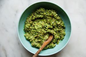 Pea Pesto with Pistachios, Parmesan, mint, basil, Cilantro,
carrot tops, radish stems, Garlic, Lemon zest