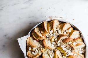 homemade almond peach bread pudding