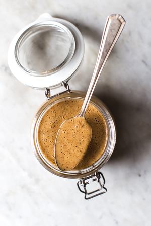 almond butter, thai sauce made with garlic, lime, Coconut milk, honey, sesame oil, ginger, vinegar, Red curry paste, Salt
