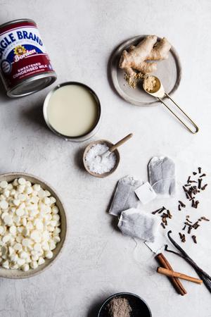 sweetened condensed milk, white chocolate, vanilla, cinnamon, salt, cardamom, ginger, cloves and black tea for Chai tea fudge