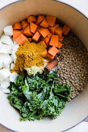 onions sweet potatoes curry brown lentils in pot