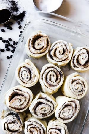 coffee cinnamon rolls in a 9 x 13 baking dish