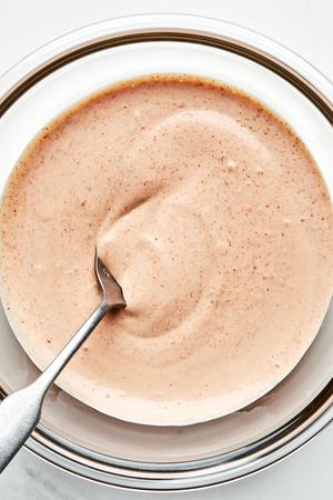 fry sauce in a bowl made with mayonnaise, ketchup, garlic powder, pickle juice, paprika, cayenne and stone ground mustard
