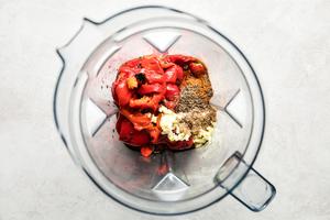 roasted red peppers, garlic, cayenne, smoked paprika, coriander, caraway, olive oil and red wine vinegar in a blender
