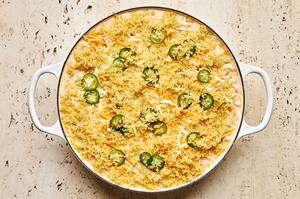 jalapeño popper mac and cheese made with cream cheese, cheddar, pepper jack & bacon with panko ready for the oven