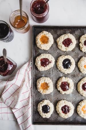 Jam Dot Oat Scones on a baking sheet