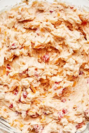 homemade pimento cheese made with cheddar, cream cheese, mayo, spices, worcestershire and diced pimento