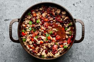 Turkey chili made with spices, beans, chicken stock and vegetables
