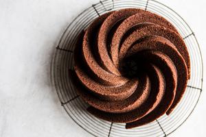 Irish Cream Chocolate Bundt Cake on a baking rack