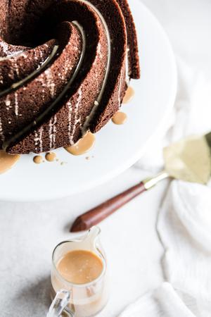 Irish Cream Chocolate Bundt Cake with an icing drizzle