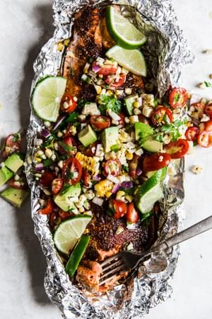 Salmon In Foil With taco seasoning and an Avocado Tomato Salad