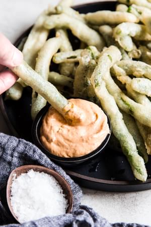 Tempura Green Beans With Curry Mayonnaise on a plate