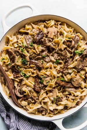 homemade beef stroganoff in a skillet made with sirloin steak, mushrooms, onion, spices, butter, sour cream and dijon
