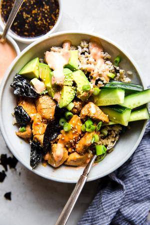 Chicken Terryaki Sushi Bowl with cucumber and avocado