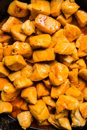 buffalo chicken bites in a skillet
