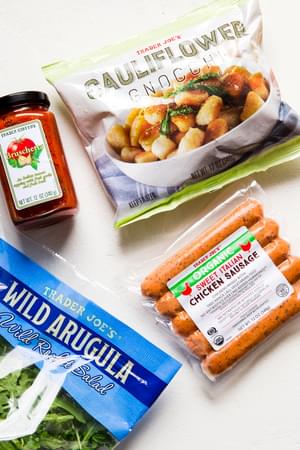 ingredients for cauliflower gnocchi with bruschetta, sausage and wild arugula