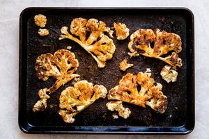 sheet pan of roasted cauliflower steaks