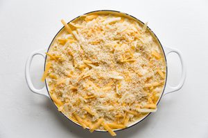 Classic Baked Macaroni And Cheese with panko topping ready to go into the oven.