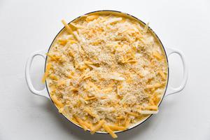 Classic Baked Macaroni And Cheese with panko topping ready to go into the oven.