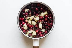 fresh cranberries, brown sugar, jalapeño, apples, dried figs, cinnamon mixed together in a saucepan