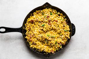 dairy free creamed corn made with corn, green onions, bacon, salt & pepper