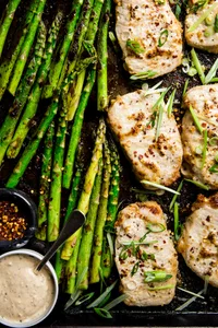Honey Mustard Pork Chop Sheet Pan Dinner With Asparagus