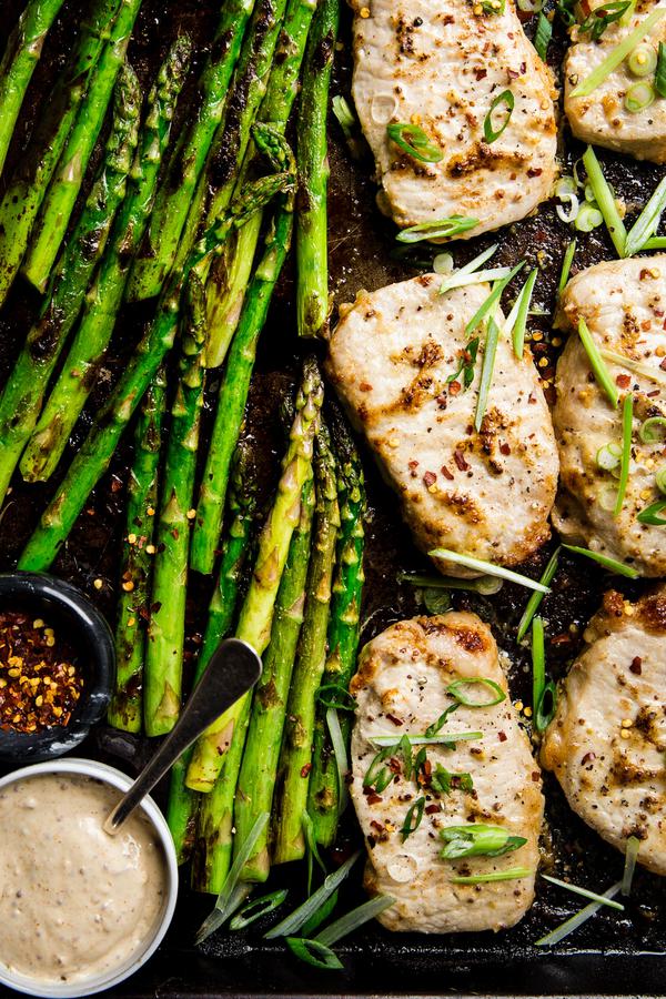 Honey Mustard Pork Chop Sheet Pan Dinner With Asparagus