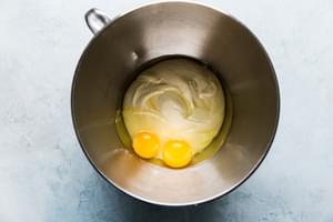2 eggs added to keto dough in a mixer