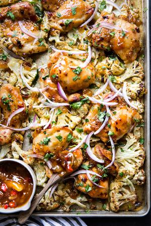 Mango Chutney Sheet Pan Chicken With Cauliflower with red onions