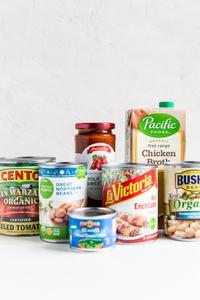 Pantry Essentials Canned Goods canned tomatoes, canned beans, canned chilies, enchilada sauce, chicken stock
