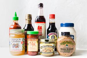 jar of honey, better than bouillon, mustard, chili paste sriracha, fish sauce, soy sauce, mayonnaise tamari