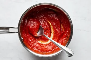 Pizza sauce warming in a sauce pan on the stove