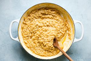 rice stirred into coconut curry broth for red curry risotto