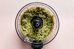 food processor with roasted broccoli pesto