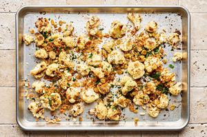 roasted cauliflower tossed with toasted panko and golden raisins and fresh parsley