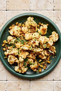 Roasted Cauliflower with Toasted Panko and Golden Raisins on a serving platter