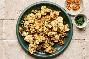 Roasted Cauliflower with Toasted Panko and Golden Raisins on a serving platter