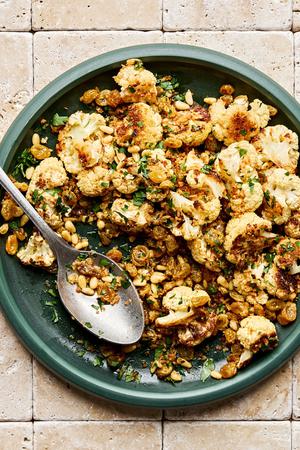 Roasted Cauliflower with Toasted Panko and Golden Raisins on a serving platter