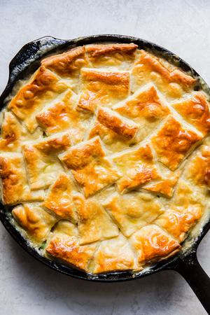 golden brown homemade Chicken Pot Pie in a cast iron pan